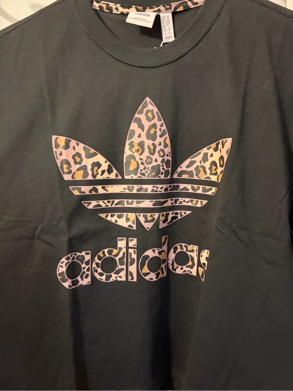 Adidas- size XL- black slightly cropped tee w/ leopard print. NWT - Picture 2 of 5